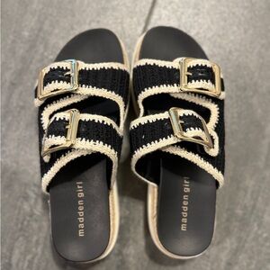 Madden Girl Black and Cream Double Buckle Sandals